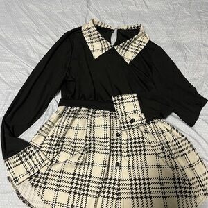 SHEIN Black Blouse with Cream Plaid Accents